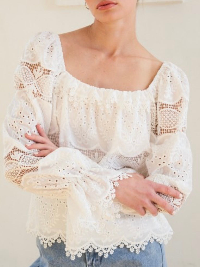 Beige crochet long sleeves top blouse