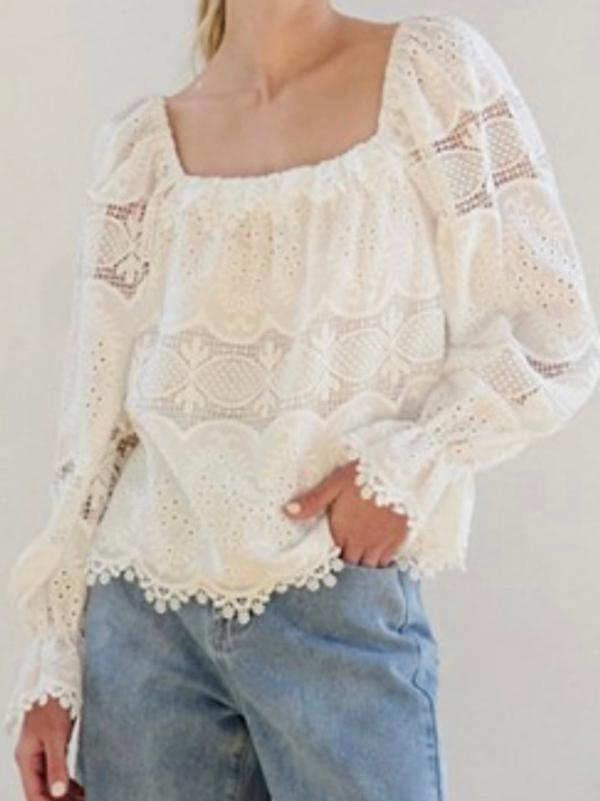 Beige crochet long sleeves top blouse