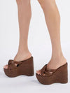 Dark brown straw wedge high heels crossed straps platform sandals