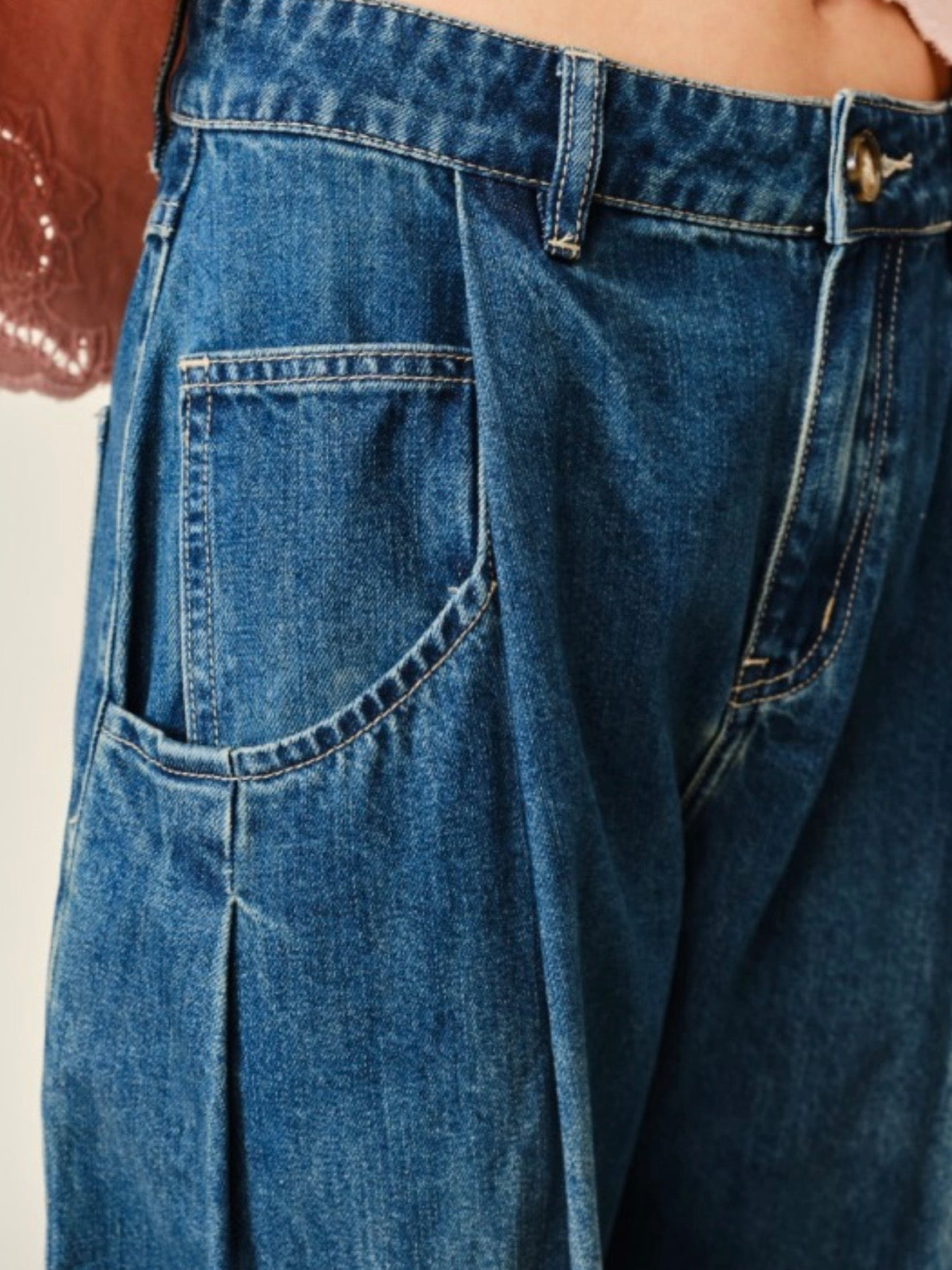 Blue jeans pleated barrel pants