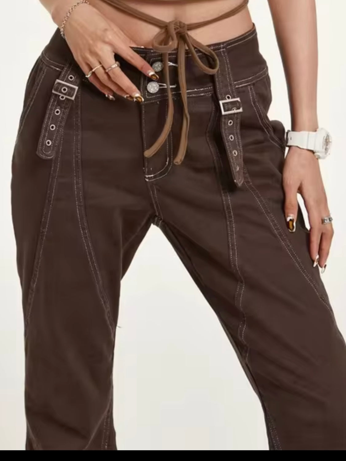 Brown loose fit wide straps pants