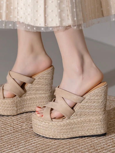 Beige wedge high heels slip-on sandals