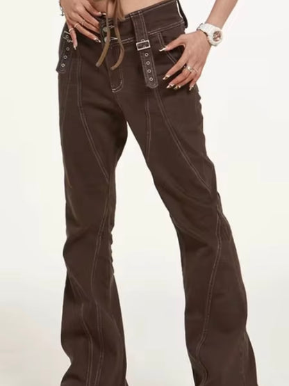 Brown loose fit wide straps pants