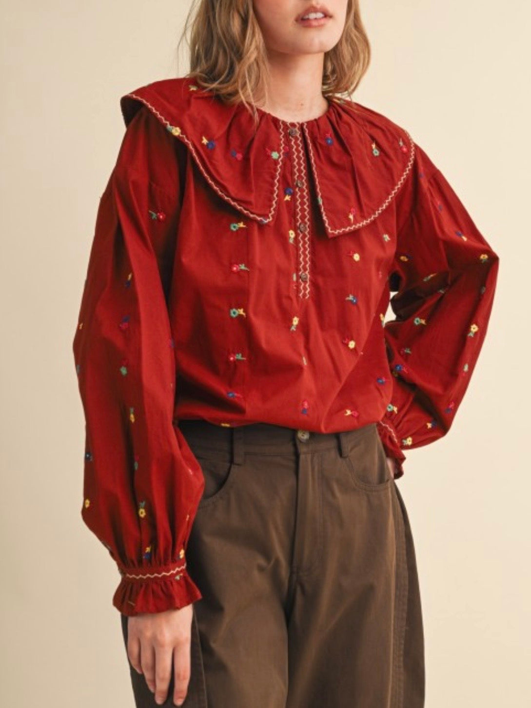 Beige and red long little flowers embroidered bubble sleeves flap neck shirt top