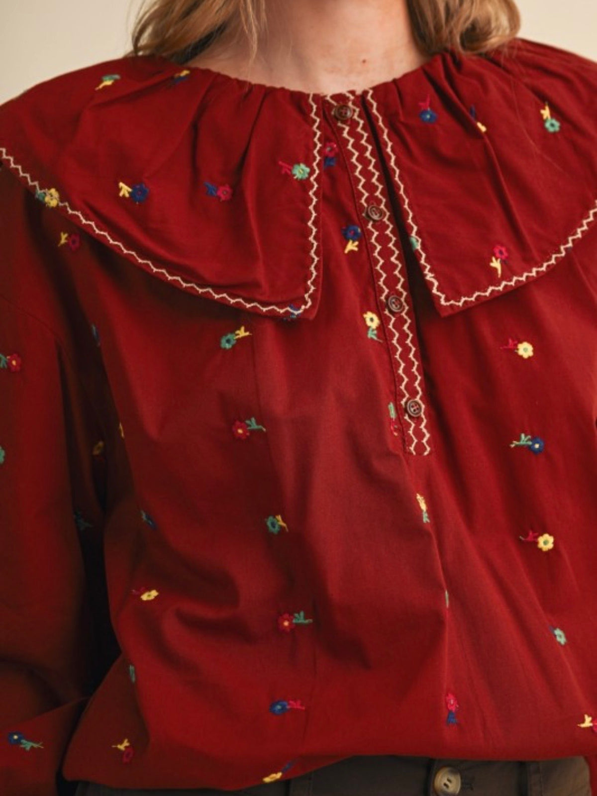 Beige and red long little flowers embroidered bubble sleeves flap neck shirt top