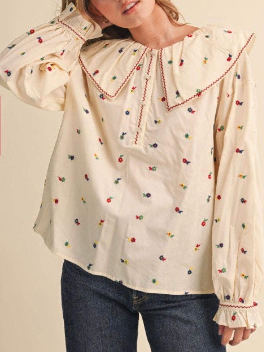 Beige and red long little flowers embroidered bubble sleeves flap neck shirt top
