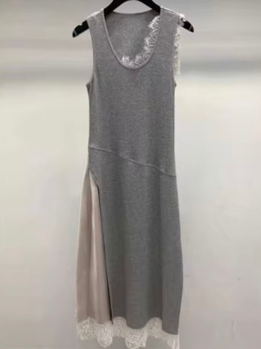 Gray mix fabrics lace edge spaghetti tube maxi dress