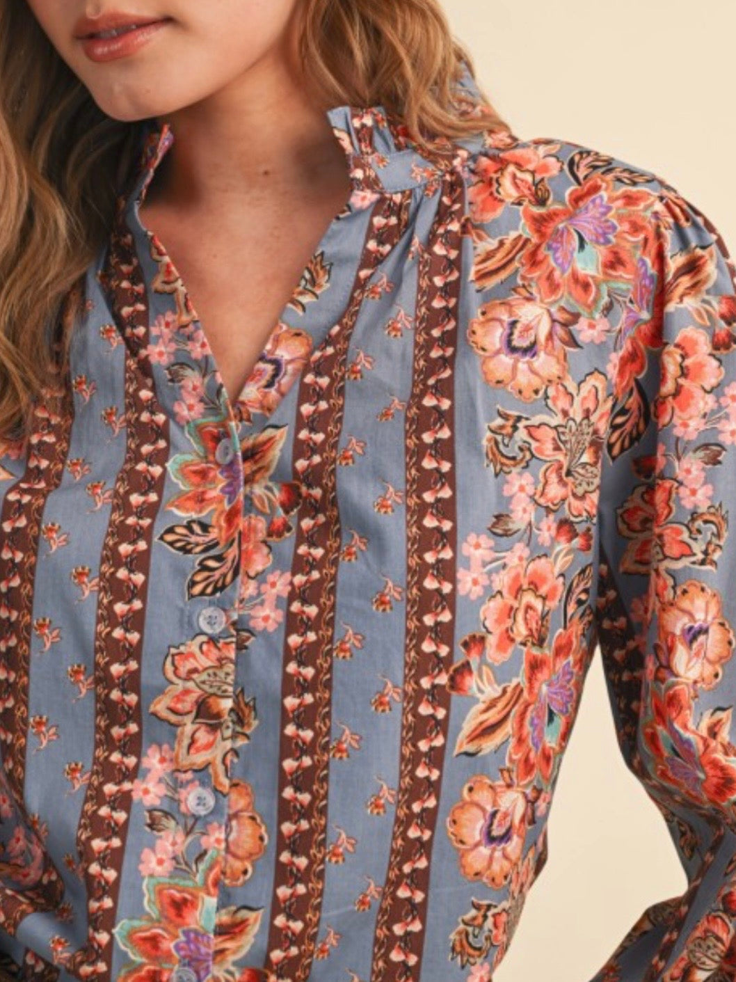Blue and brown floral pattern print long sleeves shirt top