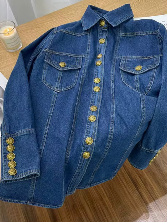 Blue denim shirt golden buttons long sleeves