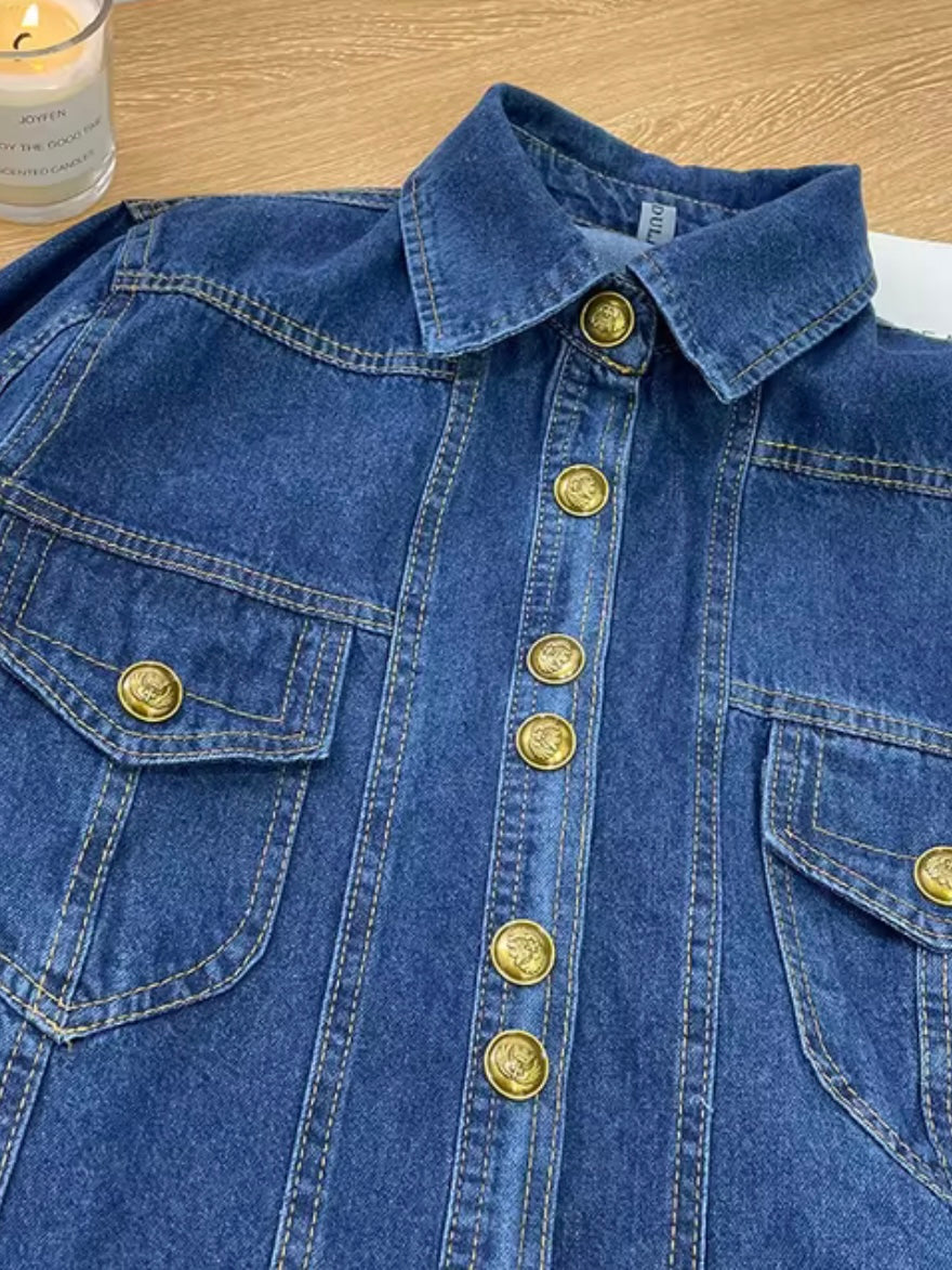 Blue denim shirt golden buttons long sleeves