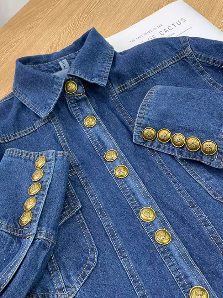 Blue denim shirt golden buttons long sleeves