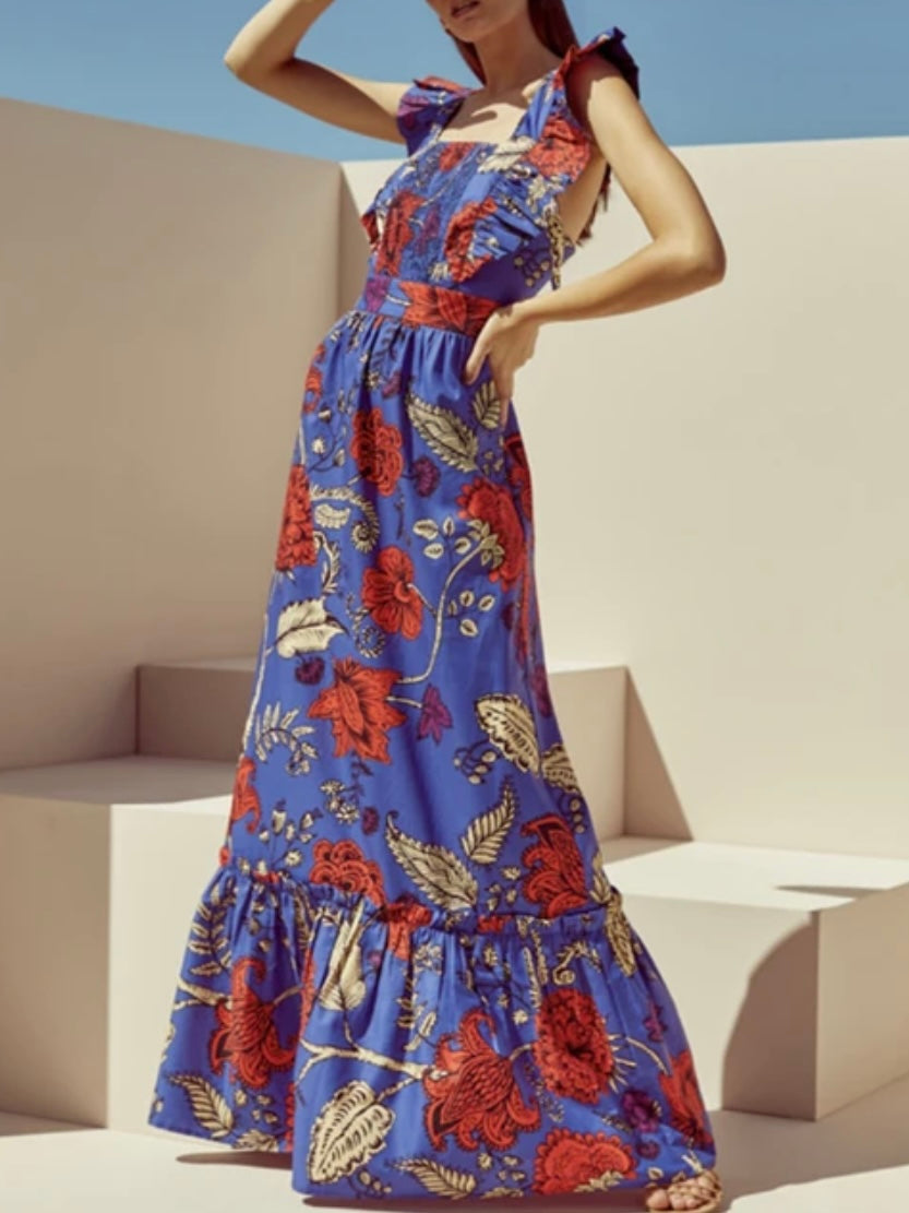 Red and blue floral ruffled maxi dress