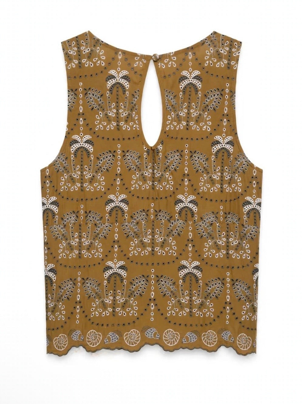 Conjunto de dos piezas de encaje con ojales en color marrón, beige y azul: top y falda midi