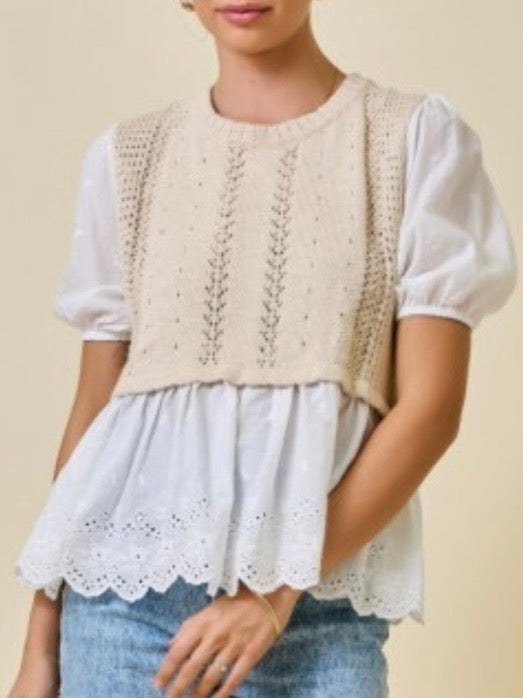 White shirt and beige pullover two layers embroidered texture top