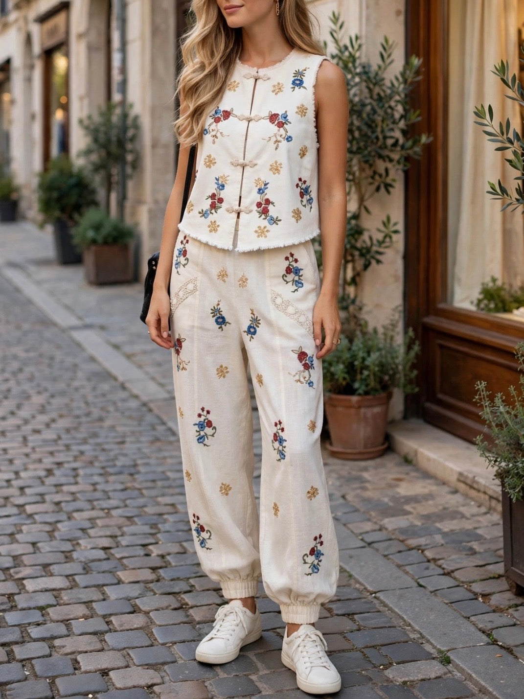 Conjunto de top y pantalones con detalle floral en color blanco hueso y rojo