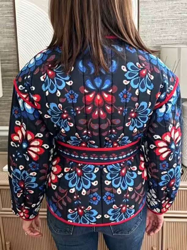 Navy Blue quilted jacket white floral printed details