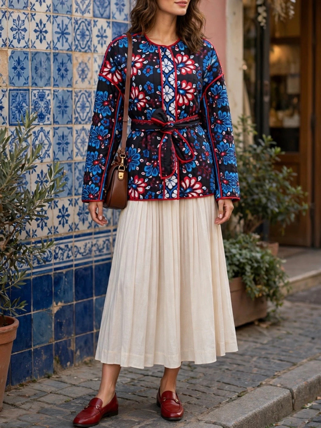 Navy Blue quilted jacket white floral printed details