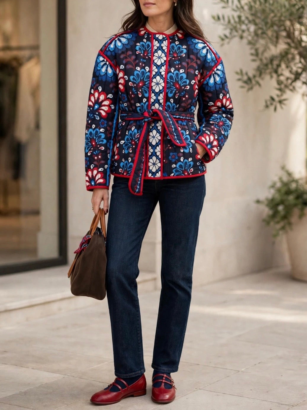 Navy Blue quilted jacket white floral printed details