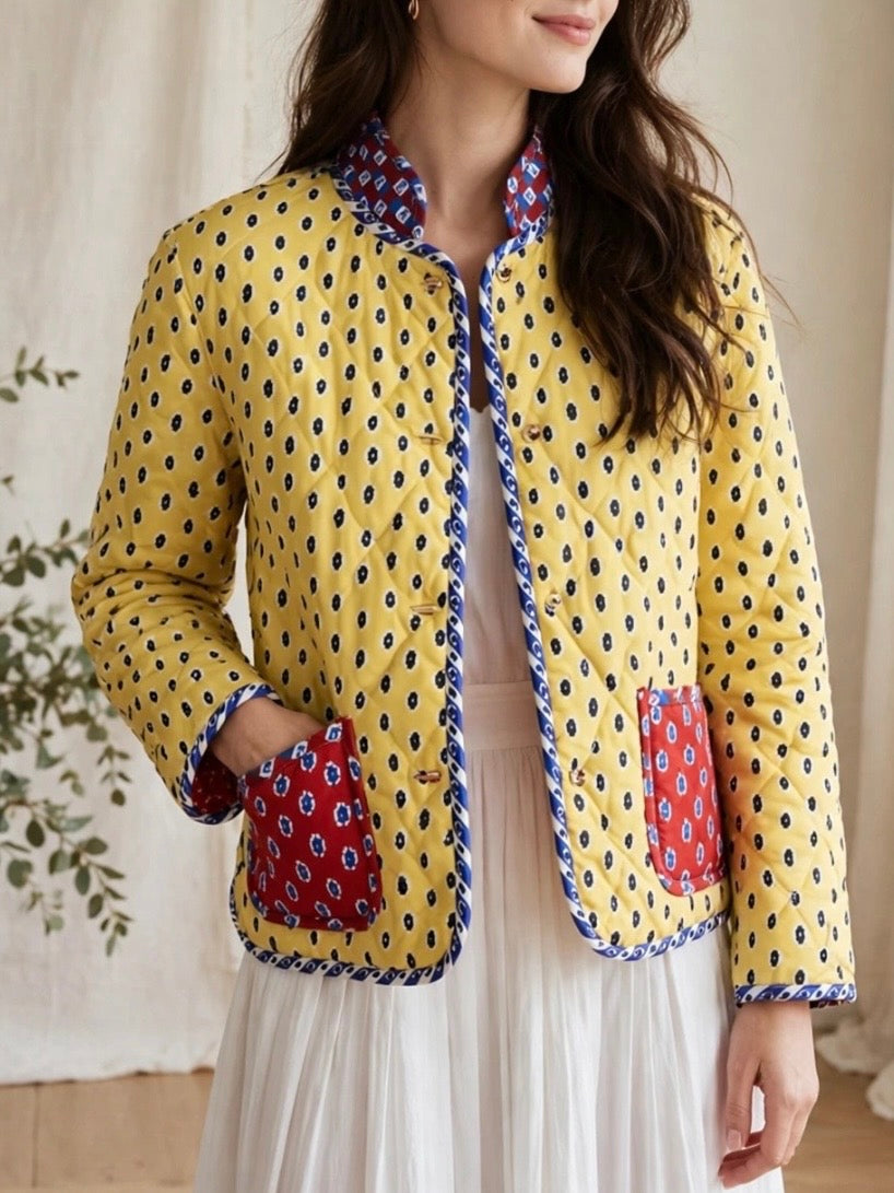 Red and yellow reversible quilted jacket white floral printed details