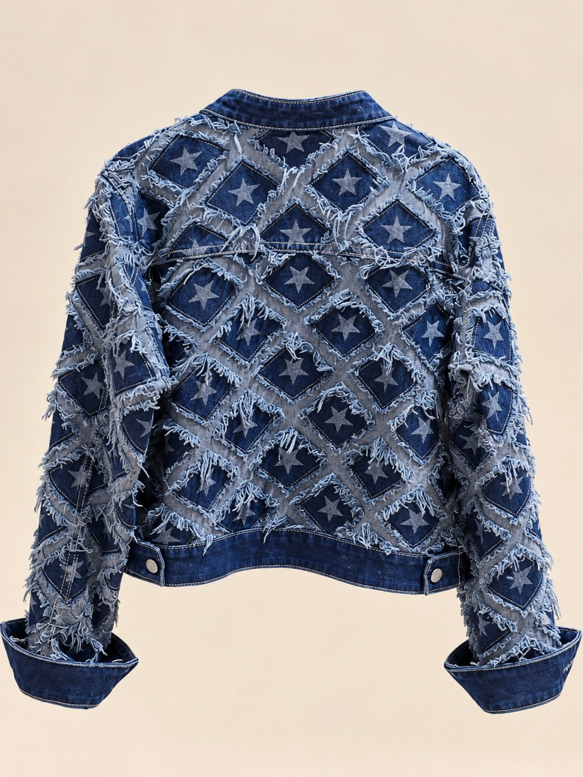 Blue jeans patched white stars frayed hem details jacket