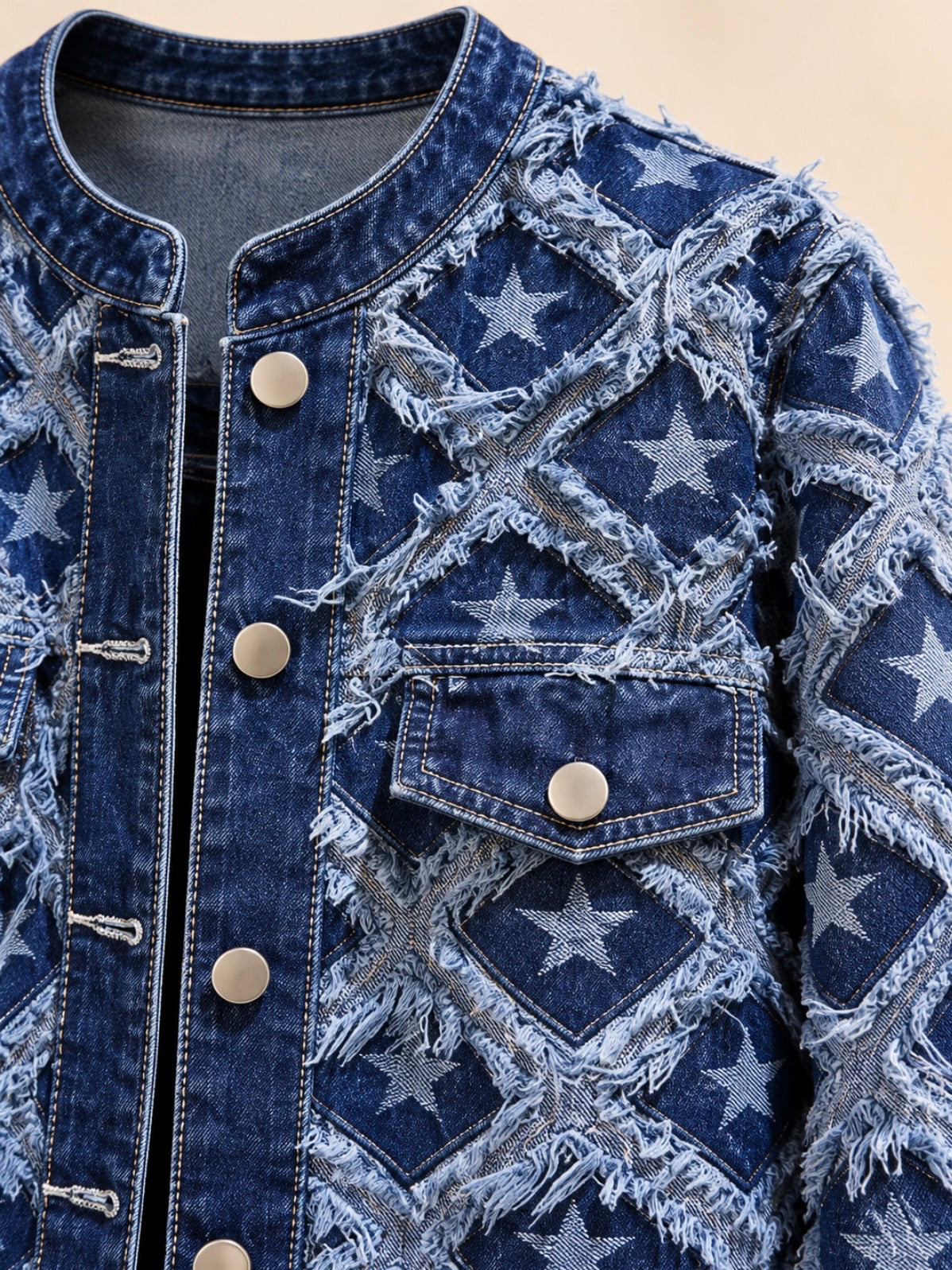 Blue jeans patched white stars frayed hem details jacket