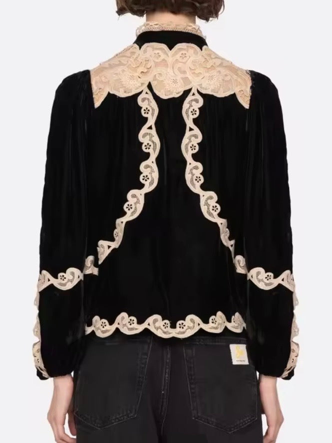 Black and beige Romantic Wide loose fit lace blouse with balloon sleeves (Copy)