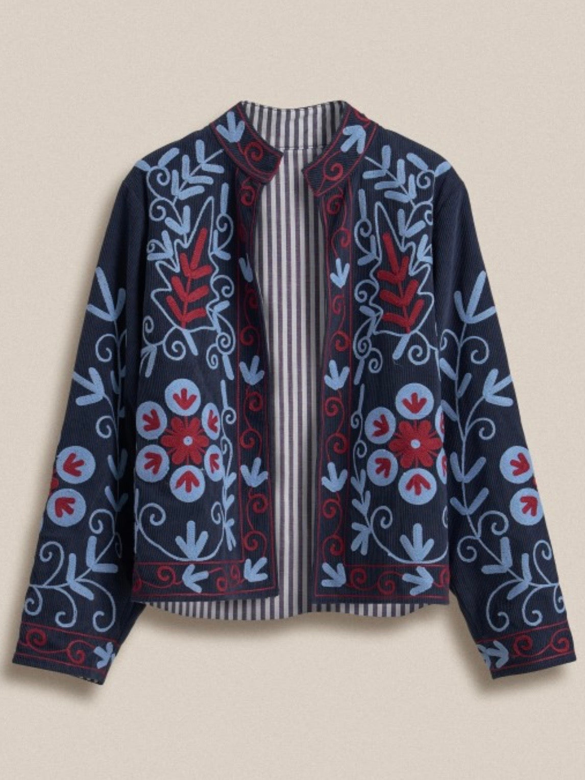 Navy Blue corduroy jacket light blue floral details