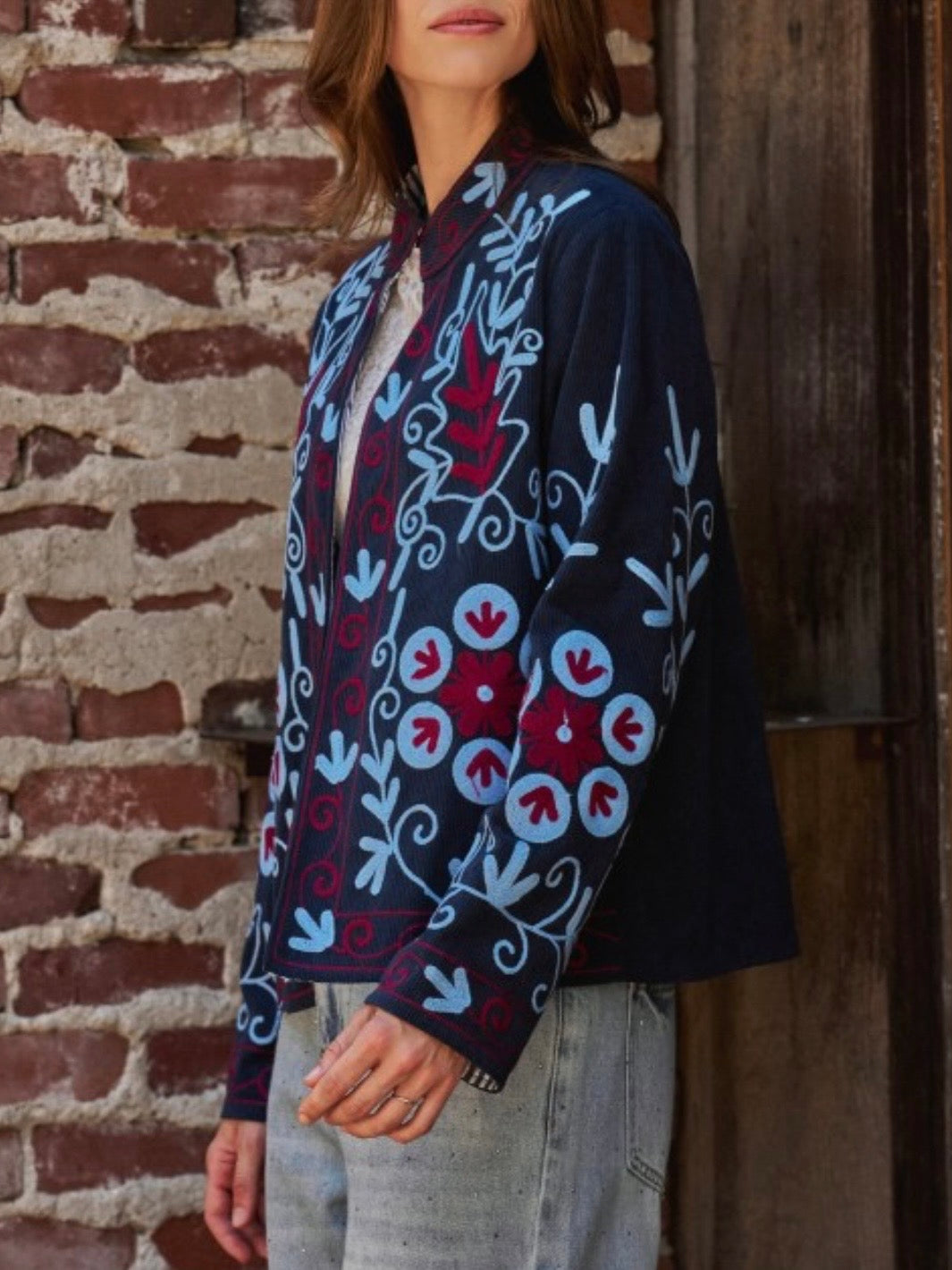Navy Blue corduroy jacket light blue floral details