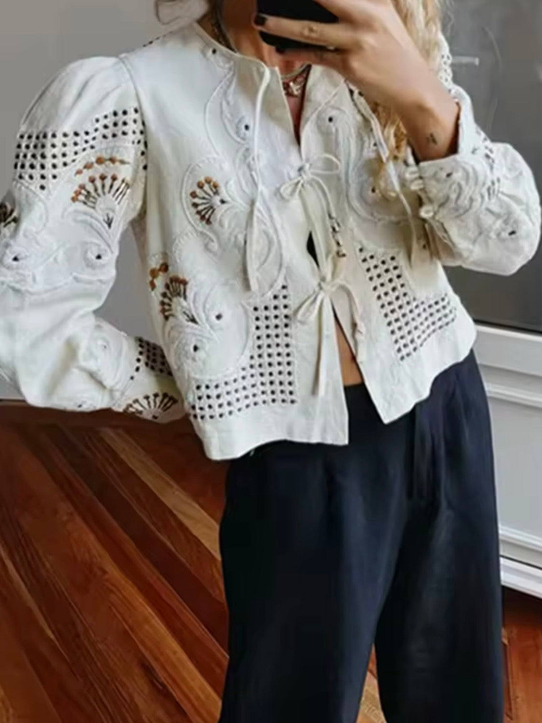 Beige floral embroidered long sleeves shirt