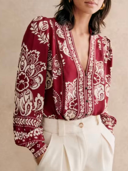 Burgundy and white floral printed shirt