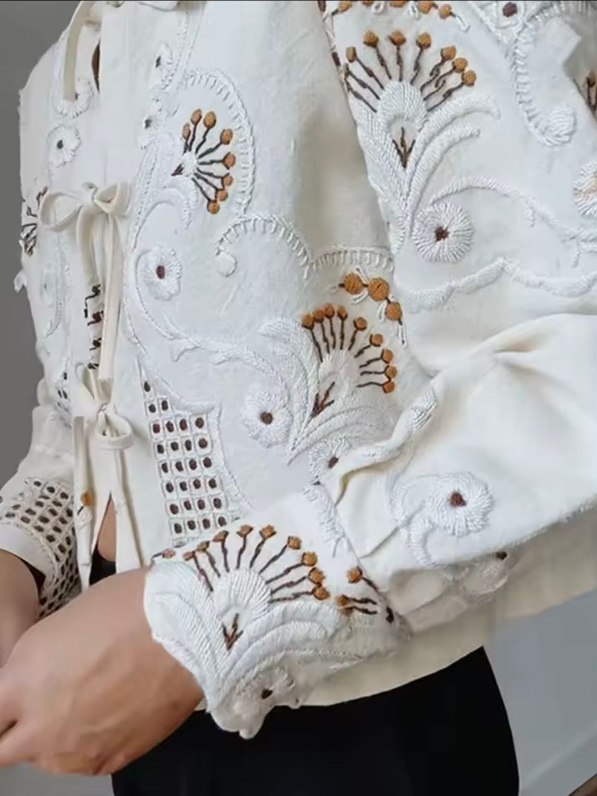 Beige floral embroidered long sleeves shirt