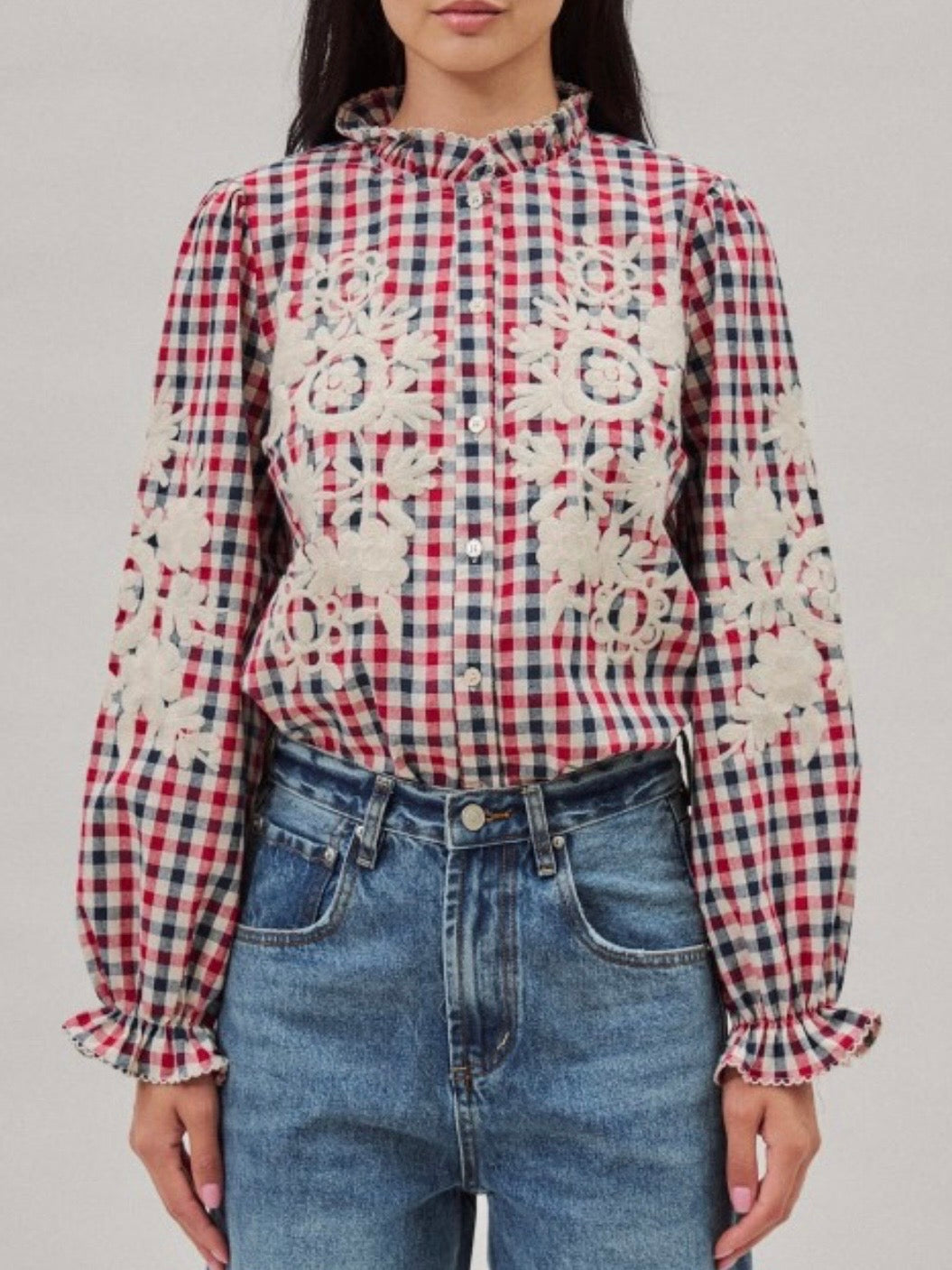 Blue and red floral embroidered long sleeves shirt blouse