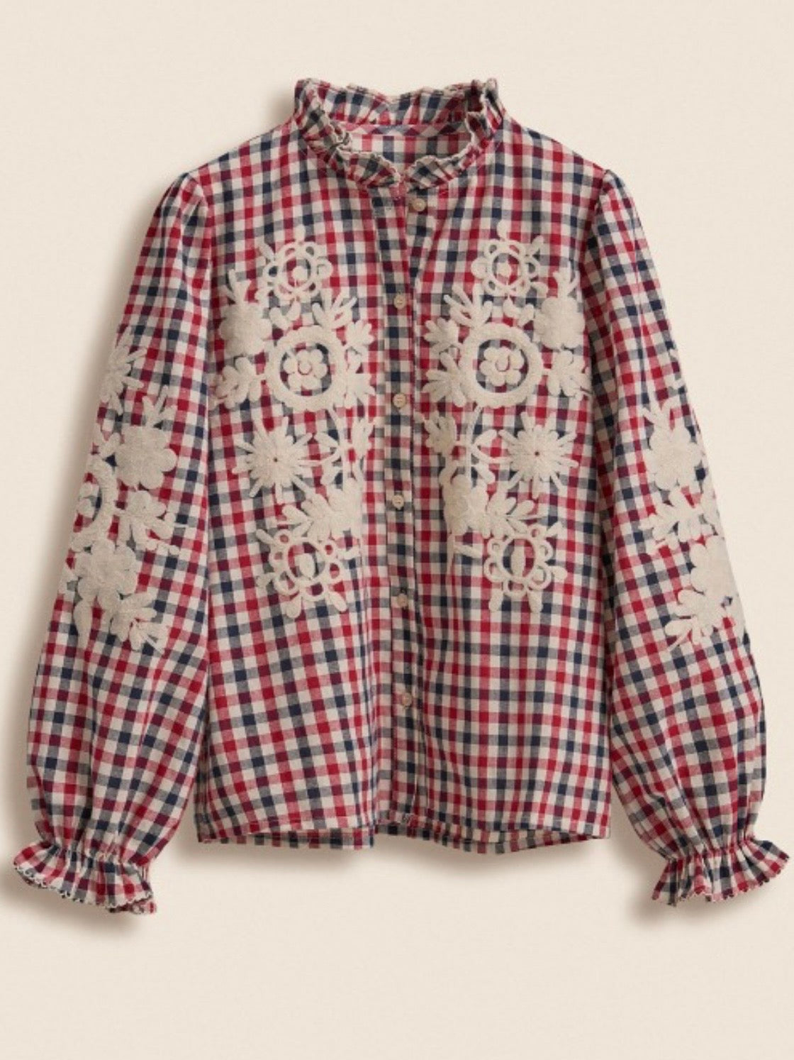Blue and red floral embroidered long sleeves shirt blouse