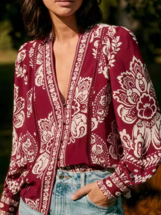 Burgundy and white floral printed shirt