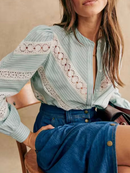 Turquoise striped printed and white lace shirt