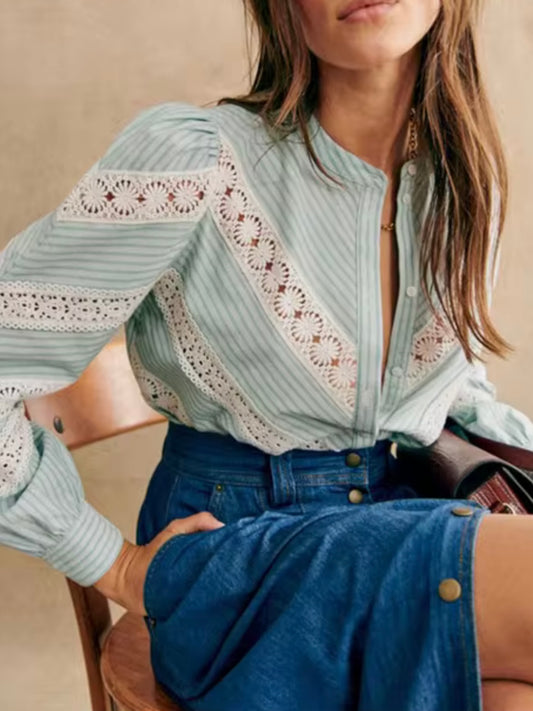 Turquoise striped printed and white lace shirt