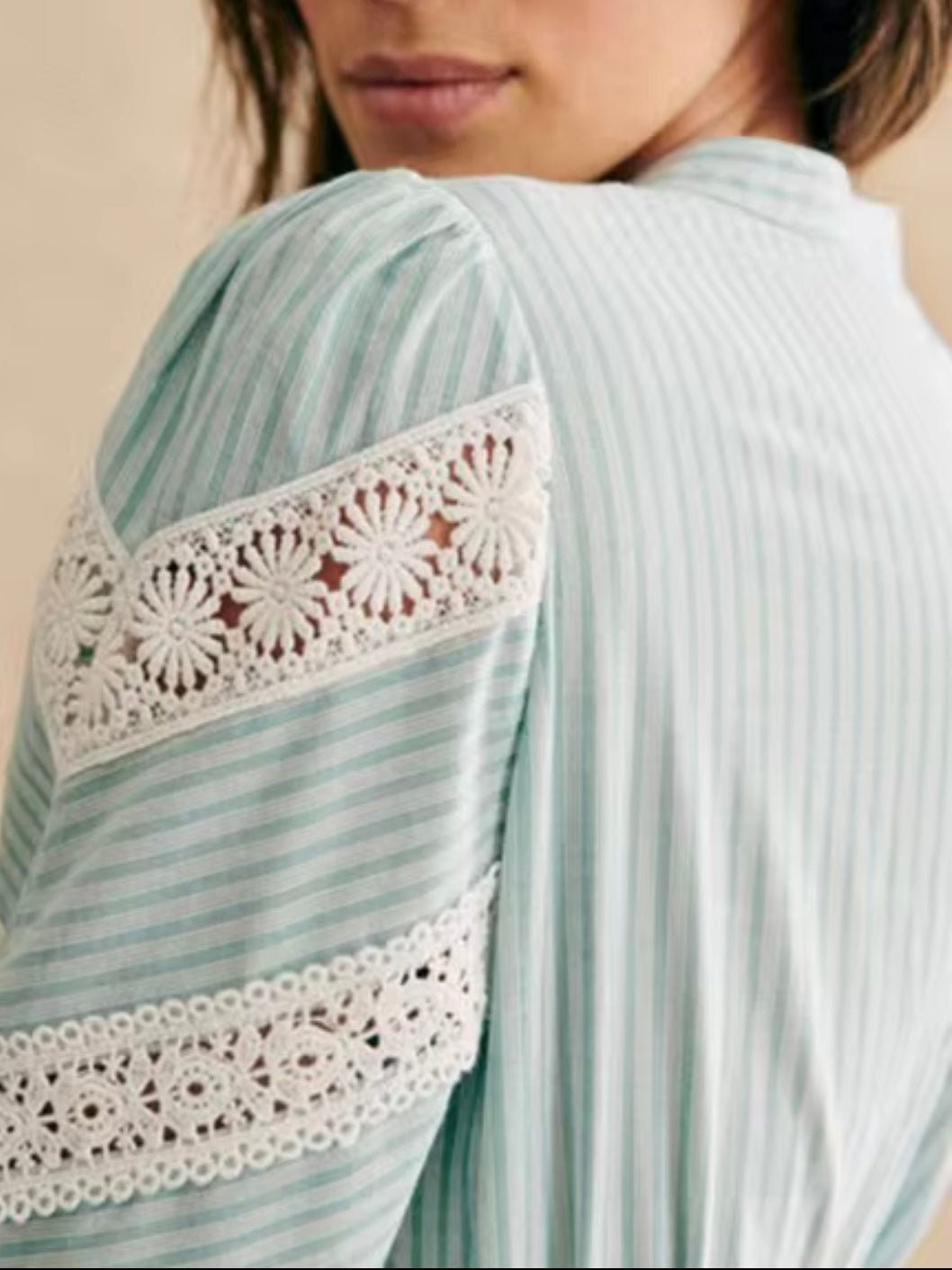 Turquoise striped printed and white lace shirt