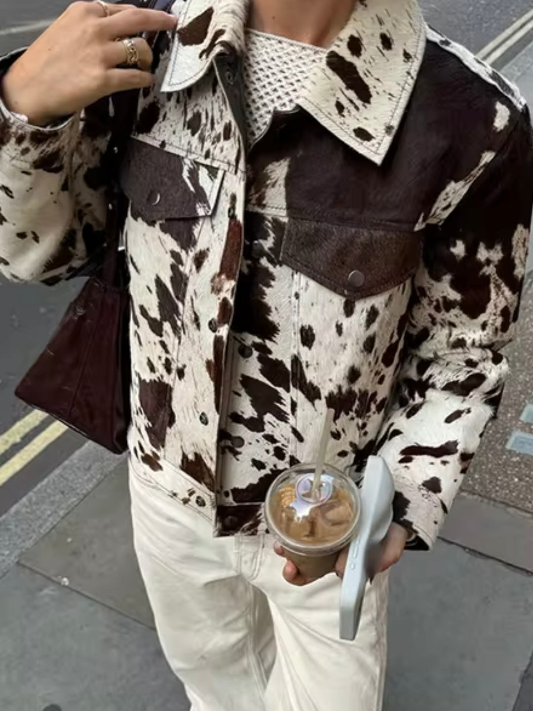 Off white and brown cow printed jacket