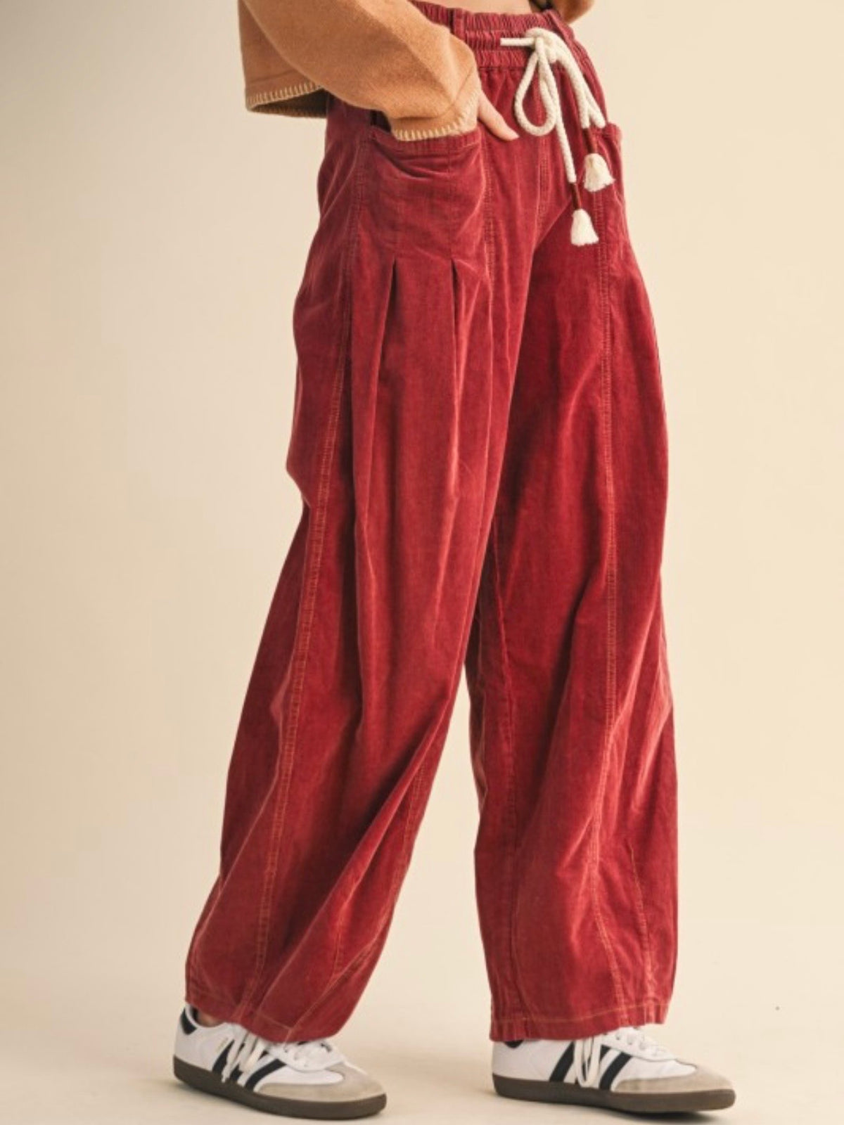 Drawstring Corduroy Barrel Pants in Navy & Red
