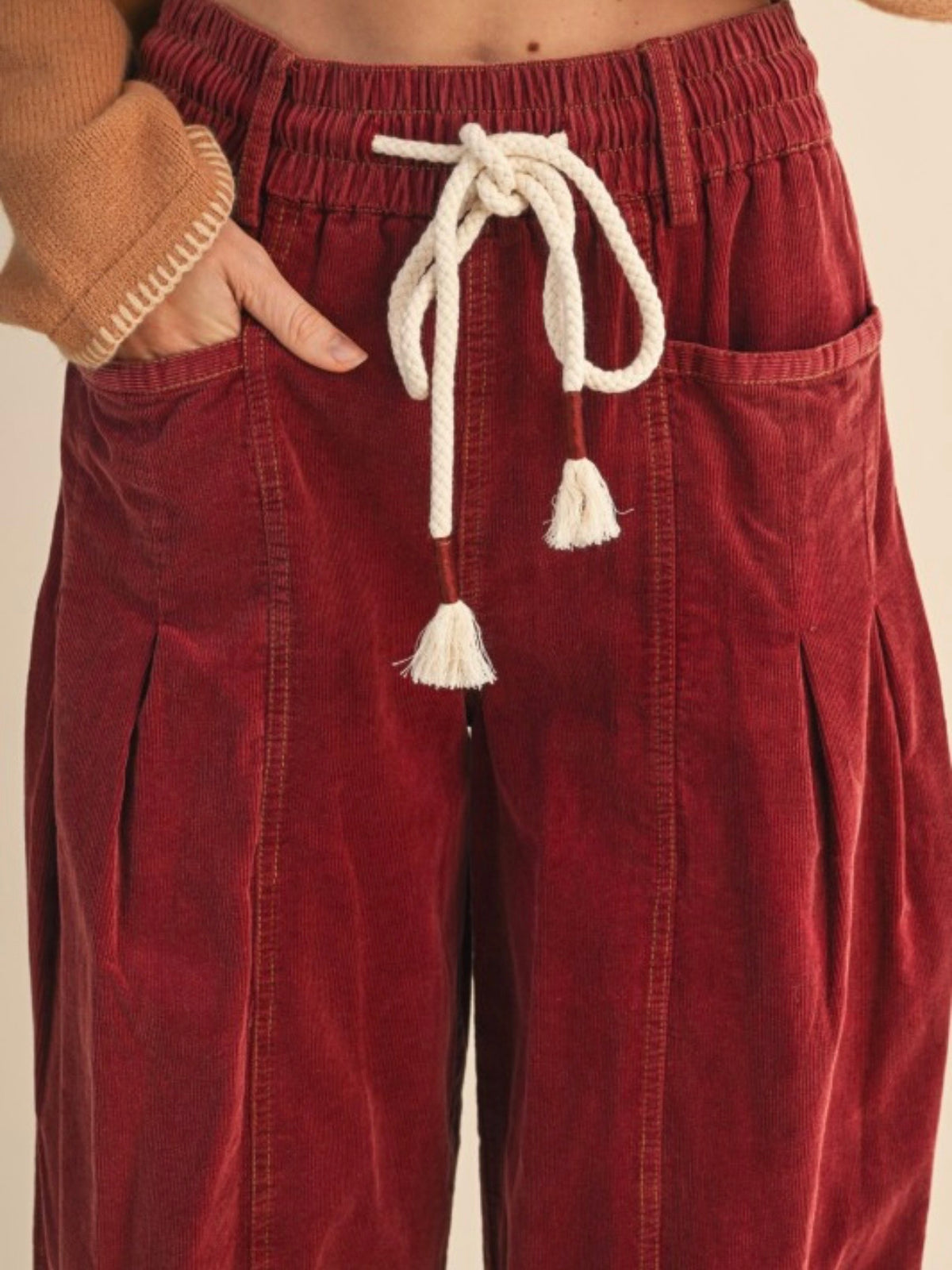 Drawstring Corduroy Barrel Pants in Navy & Red