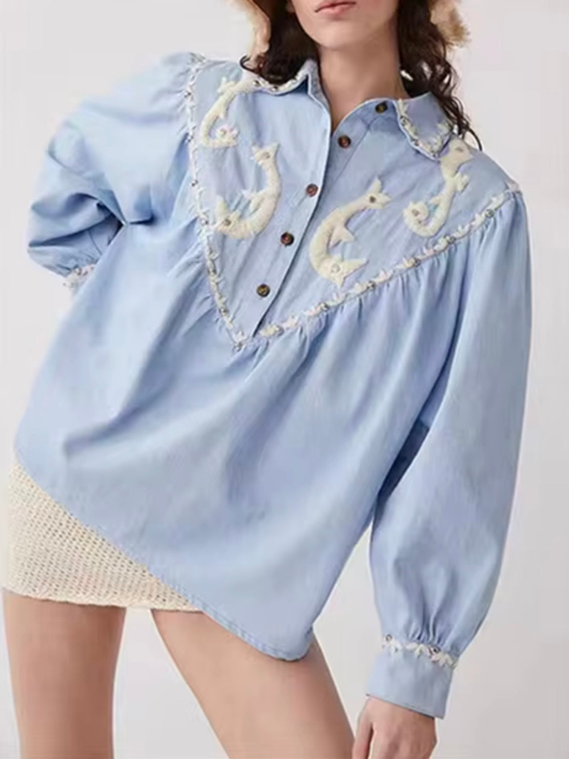 Light blue and white embroidered floral details shirt