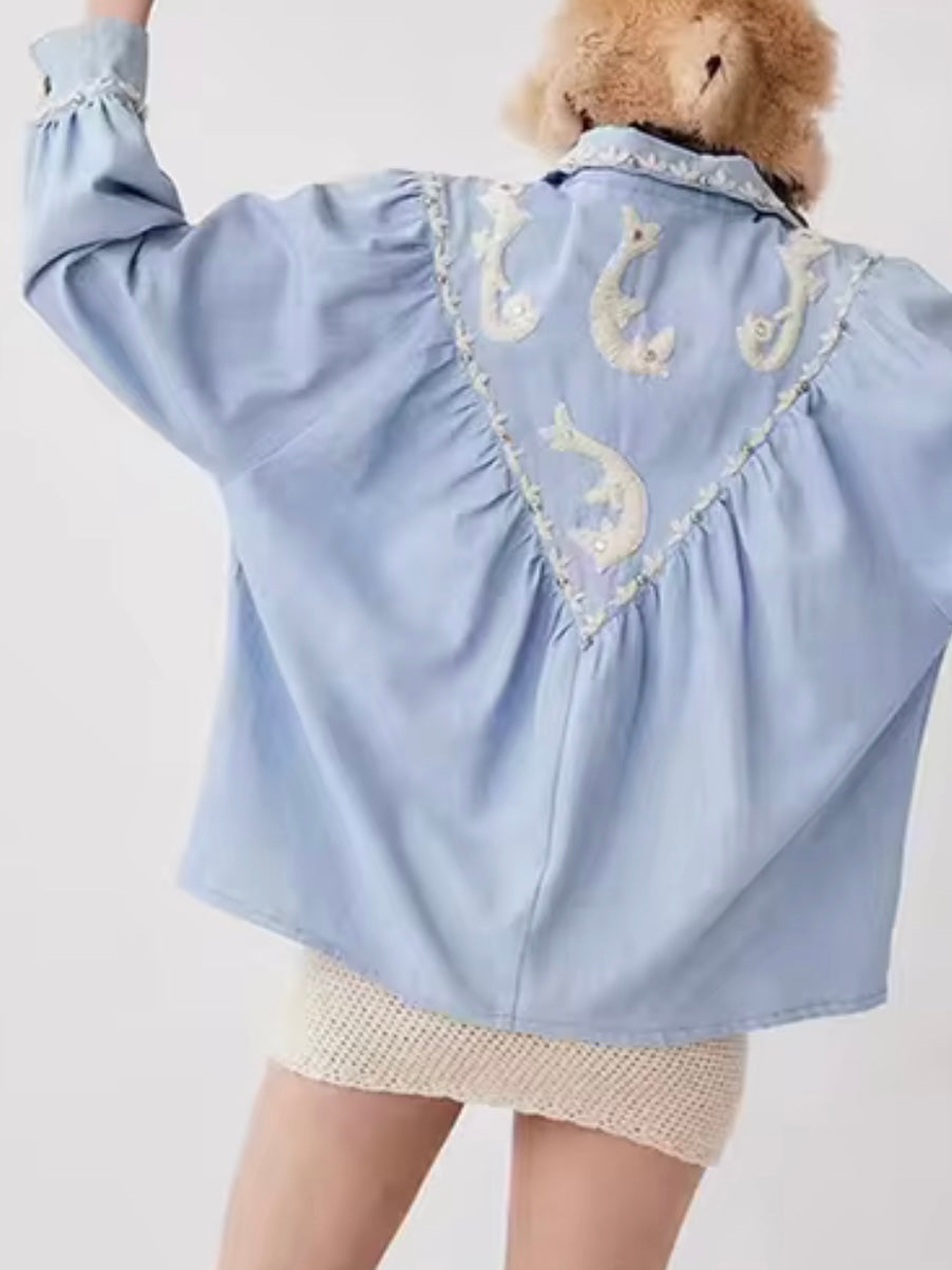 Light blue and white embroidered floral details shirt