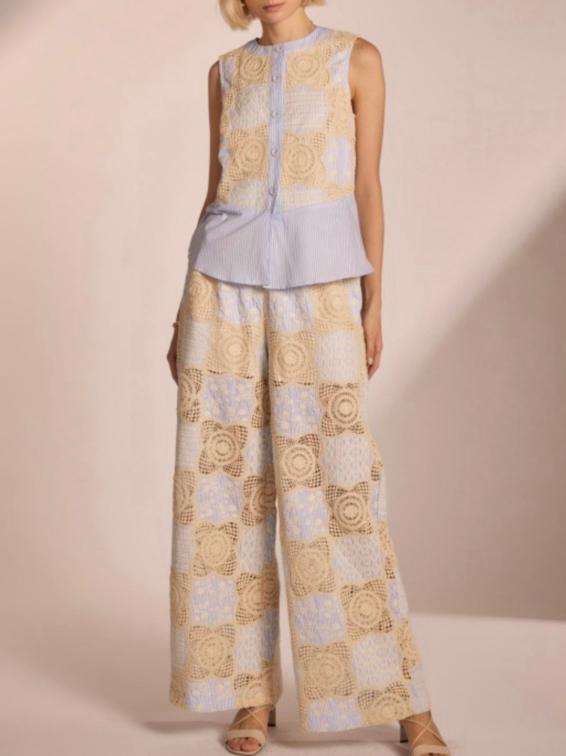 Striped beige crochet sleeveless set of 2 top and pants