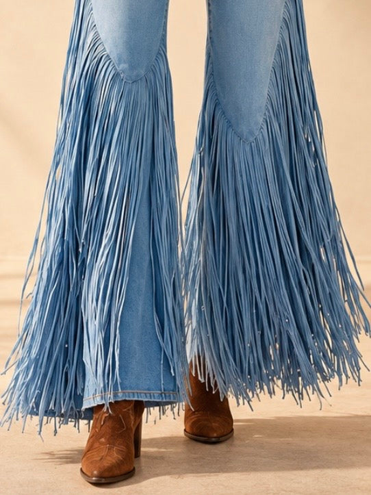 Light blue high-rise flared jeans with long fringe