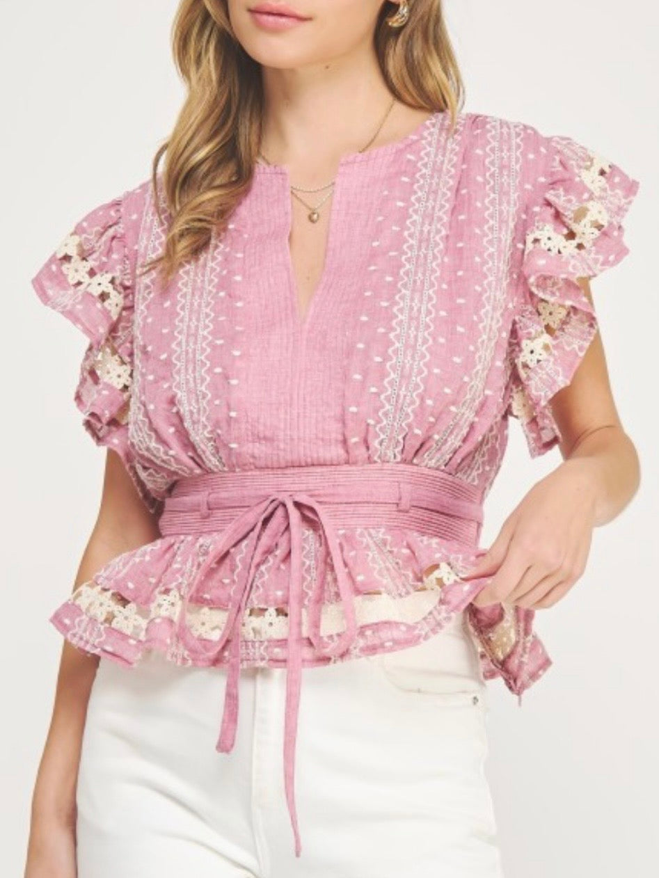 Light blue and pink lace and ruffled top