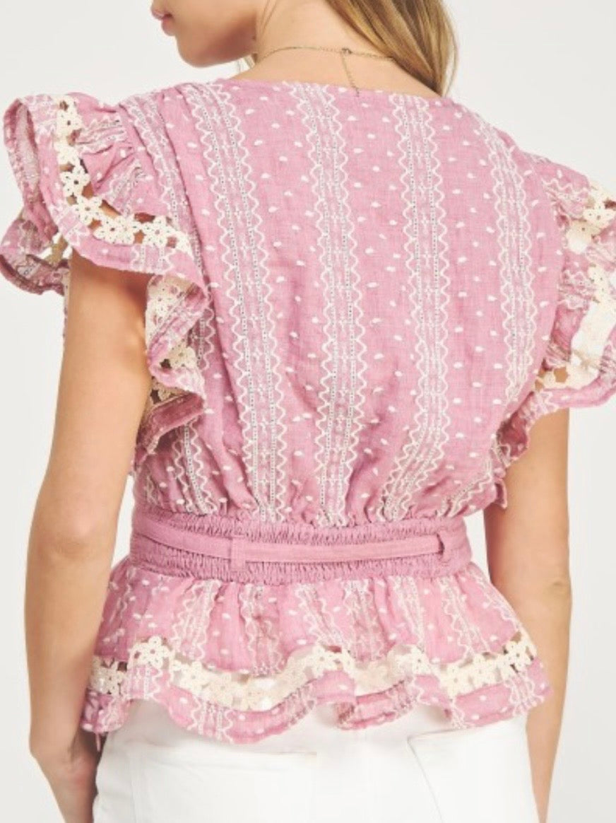 Light blue and pink lace and ruffled top