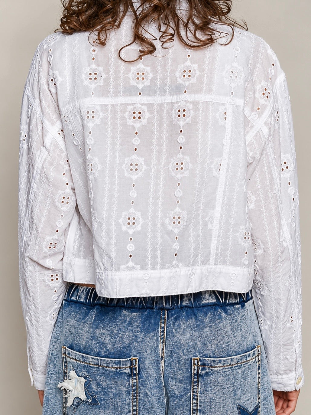 Off-White Eyelet Embroidered Cropped Jacket