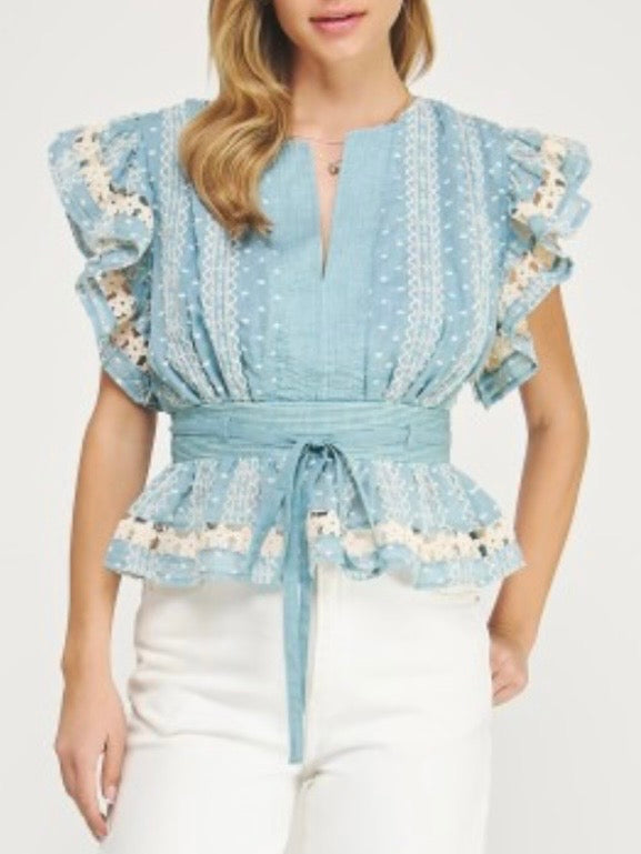 Light blue and pink lace and ruffled top