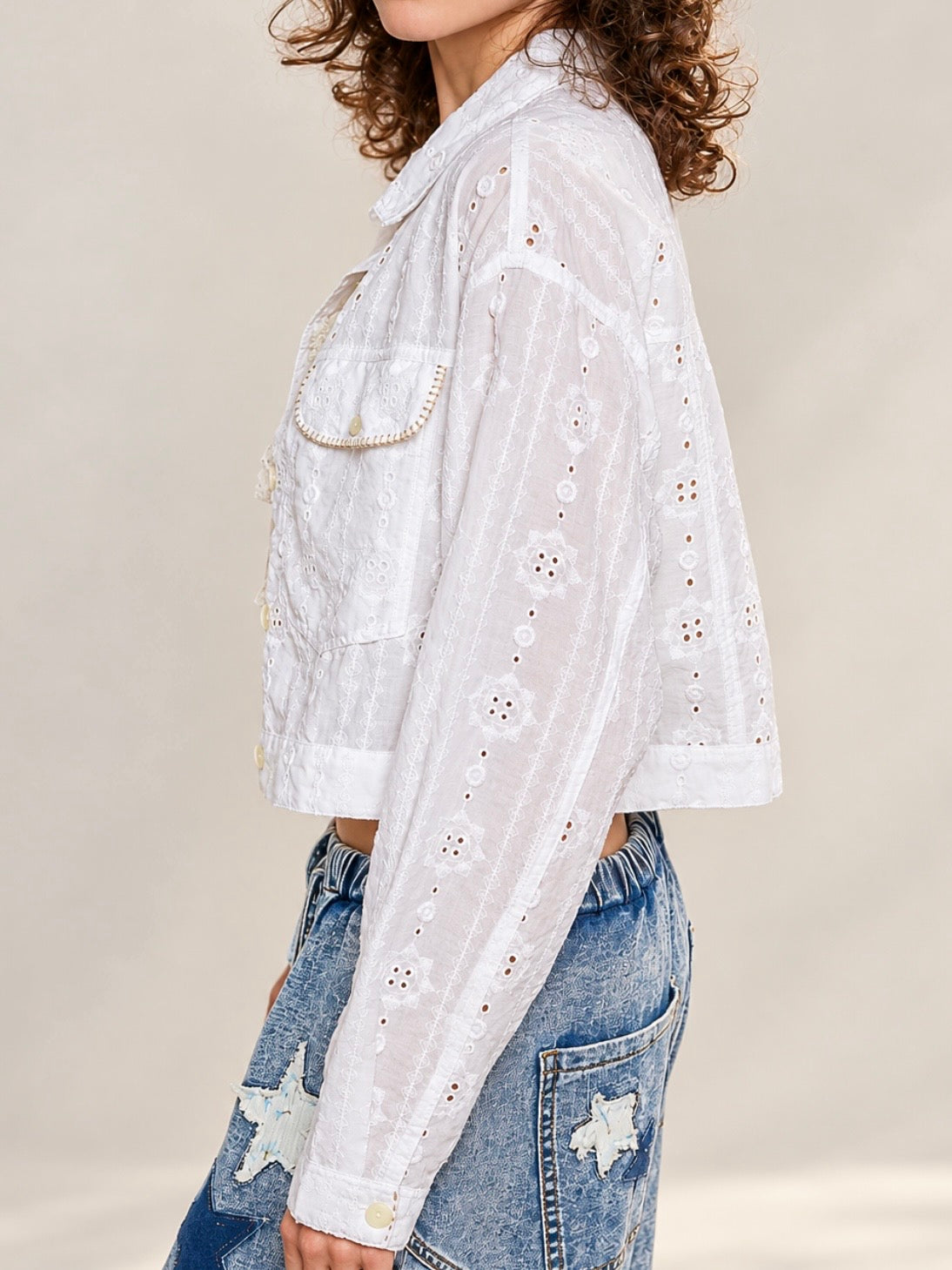 Off-White Eyelet Embroidered Cropped Jacket