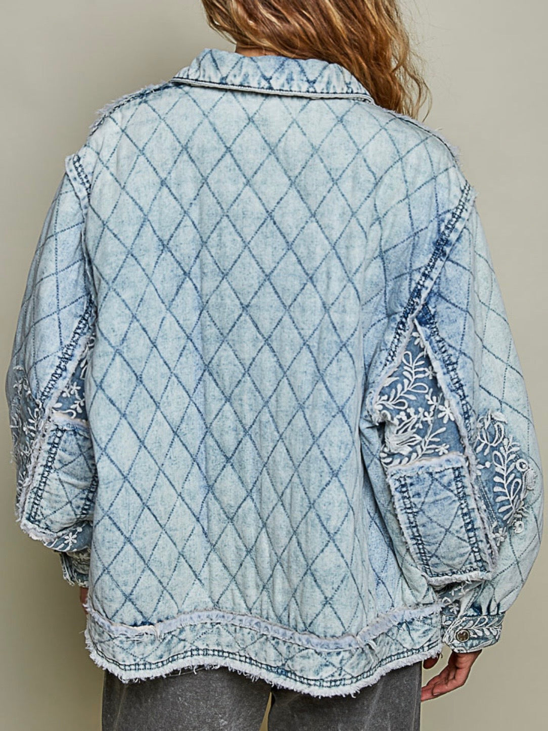 Light Blue Quilted Denim Jacket with Floral Embroidery